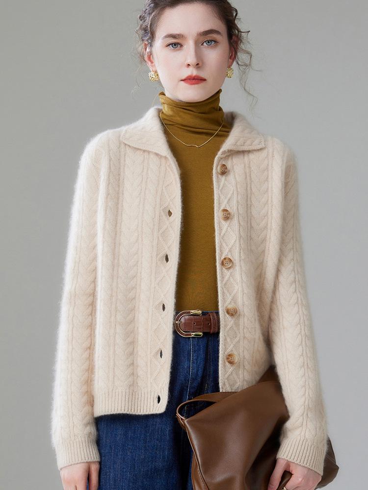 2026 Autumn/Winter Women's Fashionable Thick Cashmere Cable Knit Lapel Cardigan Sweater