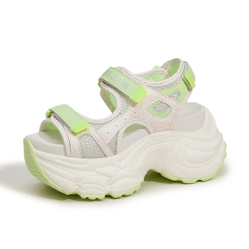 Fashion 9CM Summer Synthetic Microfiber Leather Hollow Vulcanize Peep Toe Hook Platform Wedge Women Sandals Flats Chunky Sneakers Shoes