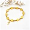 Gold Beaded Elastic Bracelet with Alloy Disc and Cross Pendant