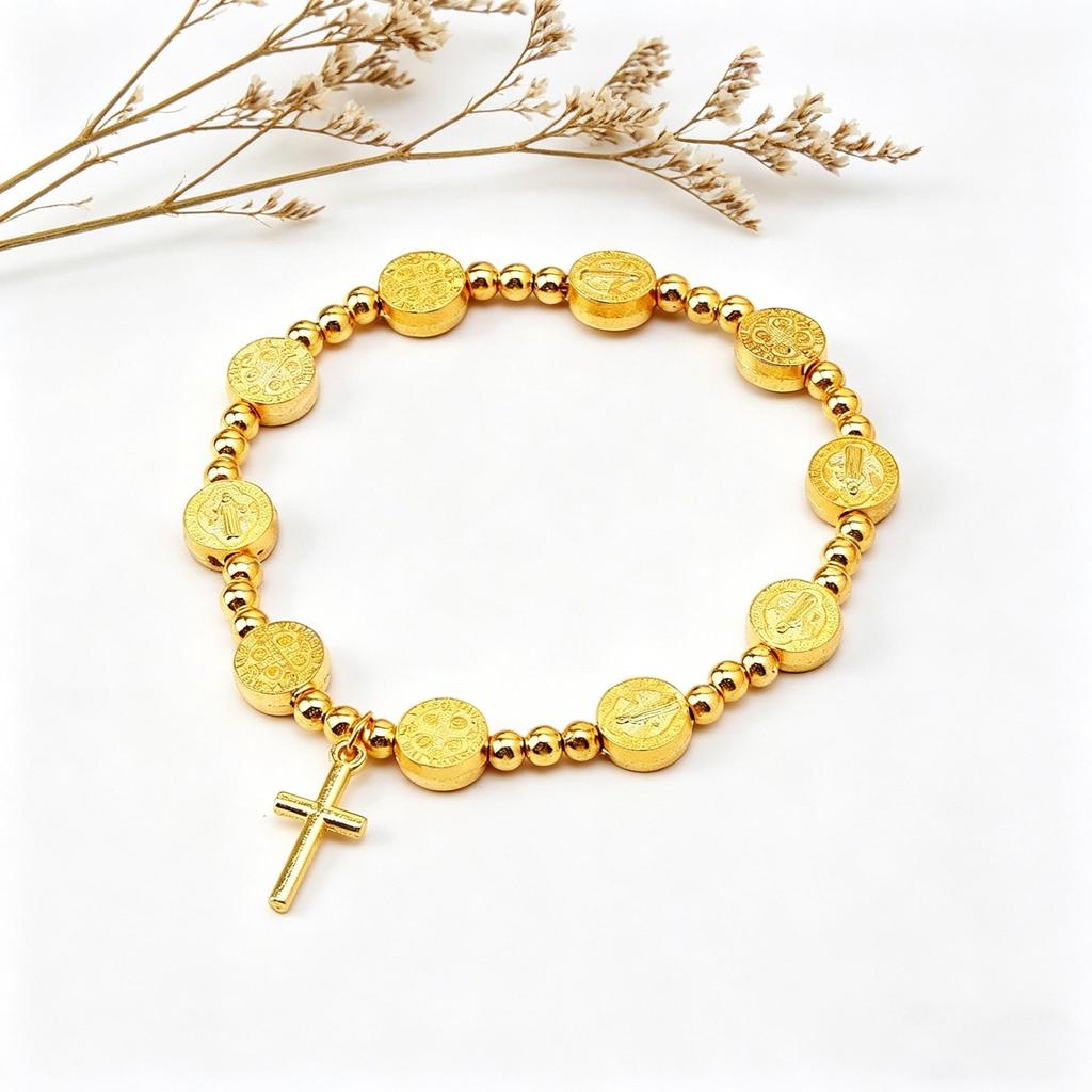 Gold Beaded Elastic Bracelet with Alloy Disc and Cross Pendant