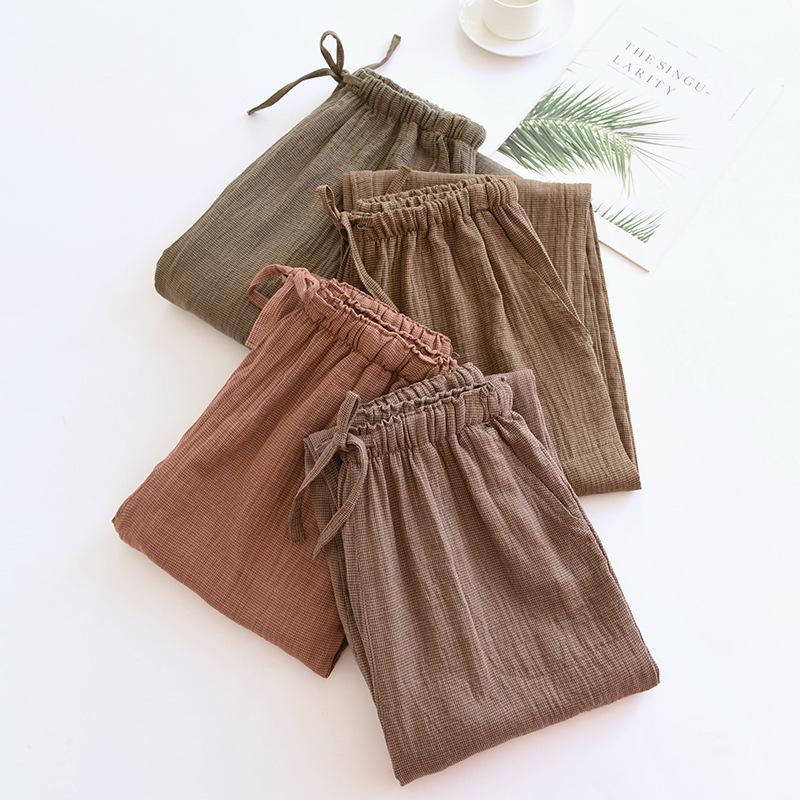 2026 New Spring and Autumn Couple Sleeper Pants 100% Cotton Gauze Color Knitted Pants Women's Checkered Home Pants