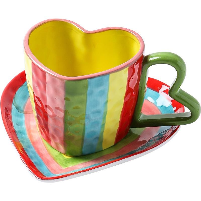 Hand-Painted Rainbow Striped Coffee Cup and Saucer Ceramic Heart-Shaped Mug for Afternoon Tea Flower Tea Home Breakfast Milk Mug
