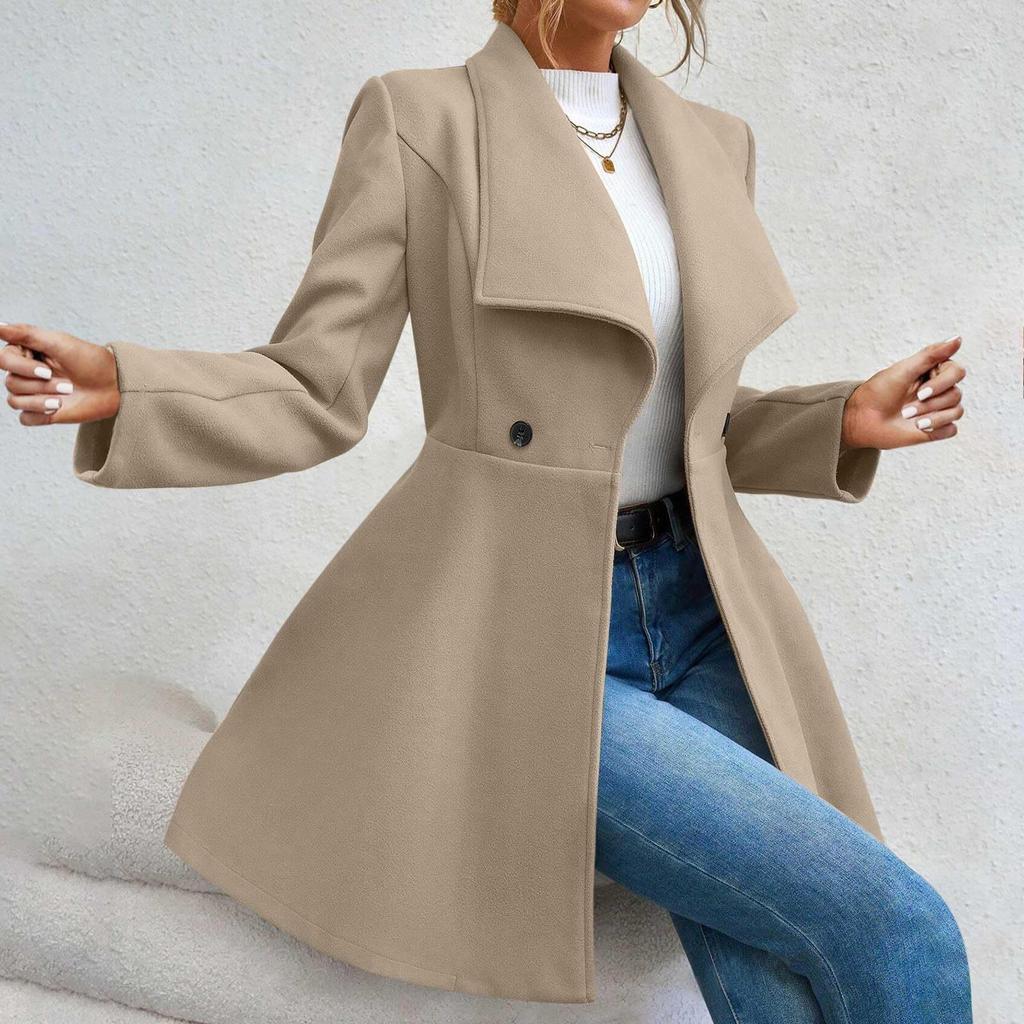 Women's Fashionable Solid-color Lapel Long-sleeved Woolen Coat