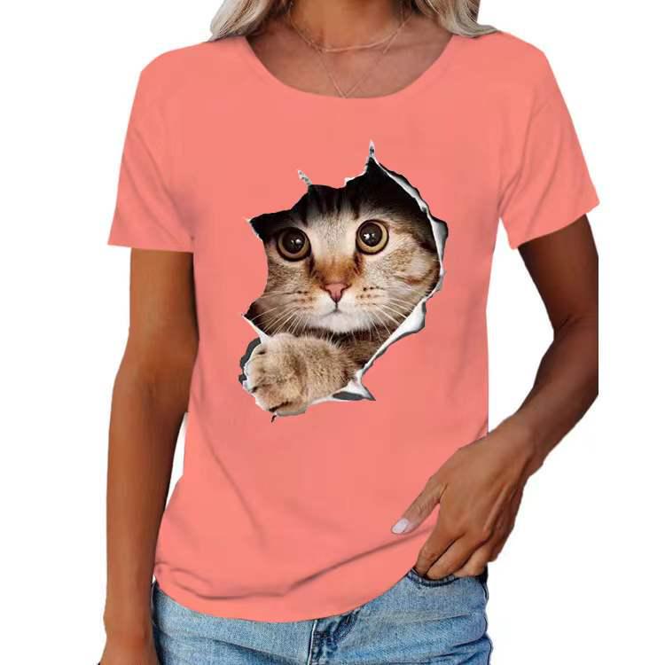 2024 Spring/Summer Women's Crew Neck Ripped Cat Graphic Loose Short Sleeve T-shirt.