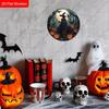 Witch With Candle Crow Forest Pumpkin Full Moon Round Wooden Hanging Sign, Halloween Front Door Wall Decor