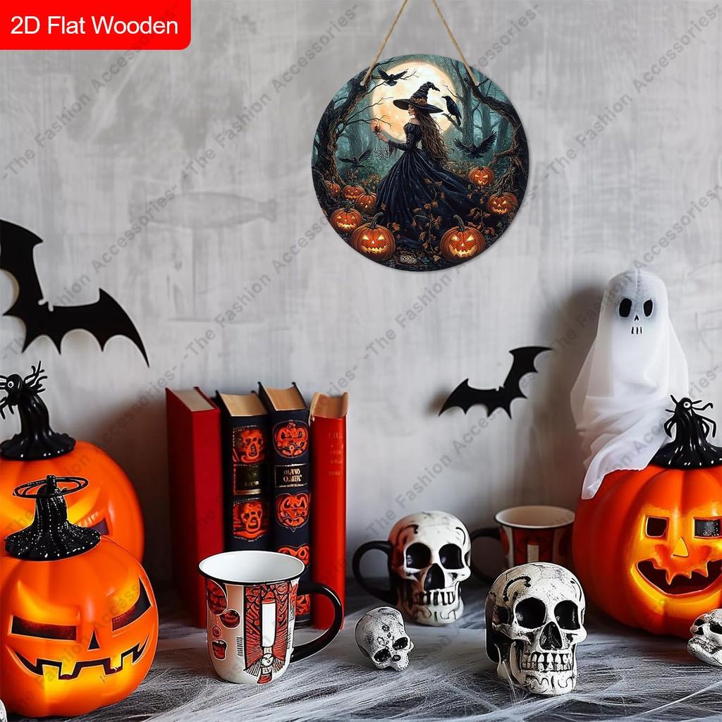 Witch With Candle Crow Forest Pumpkin Full Moon Round Wooden Hanging Sign, Halloween Front Door Wall Decor