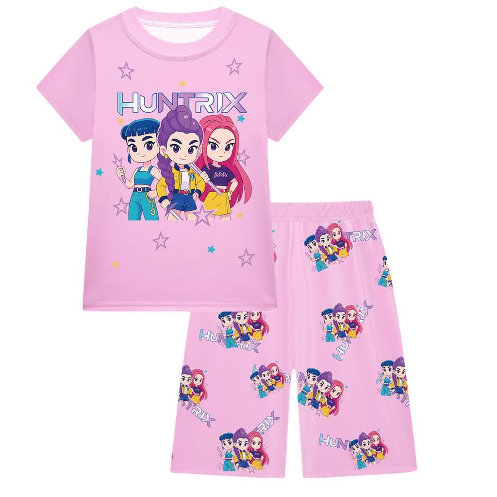 KPOP Mädchen T-Shirt und Hosen Set, Demon Slayer Cartoon, Zweiteiliges Kurzarm- und Shorts-Set für große Kinder