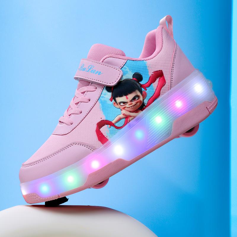 2025 New Runaway Shoes Boys Nezha Luminous Pulley Skates Four-wheel Invisible Walking Outdoor Sports Women