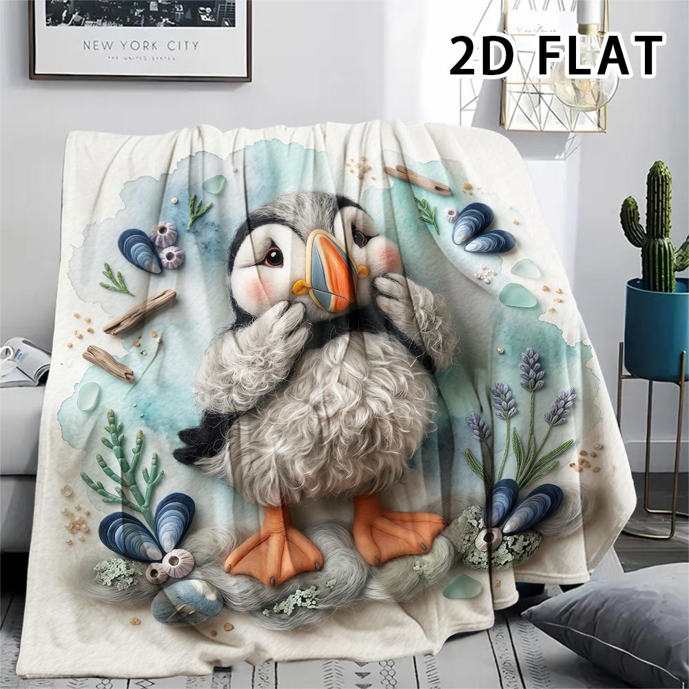 1Pc 2D FLAT Realistic Puffin Print Flannel Blanket,High quality Comfortable for All Seasons,Home Decor,Warmth and Comfort,Perfect for Christmas Gifts