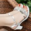 Genuine Leather Sandals Women's New High-heeled Women's Sandals One Word Buckle Rhinestone Thick with Fish Mouth Women's Shoes