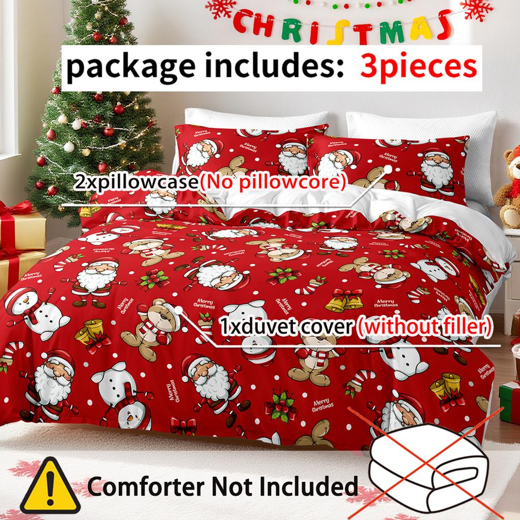 3pcs/set Christmas Reindeer Snowman Bedding Set Includes 1 Duvet Cover And 2 Pillowcases Soft And Skin-Friendly