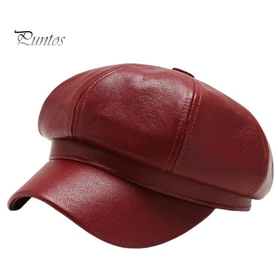 Women Beret Hat Spring Summer Retro Solid Color Faux Leather Short Brim Decorative Sun Protection Anti-UV Breathable Lady Painter Unisex Octagonal Cap