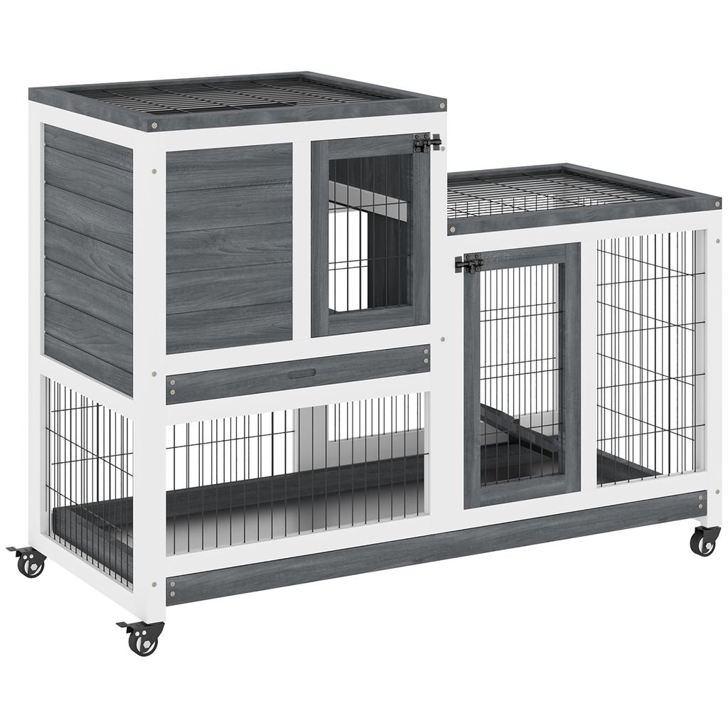 Wooden Rabbit Hutch with Wheels for Indoor Use, 2-Story Cage with Ramp and 2 Removable Trays, 110x50x88cm, Grey