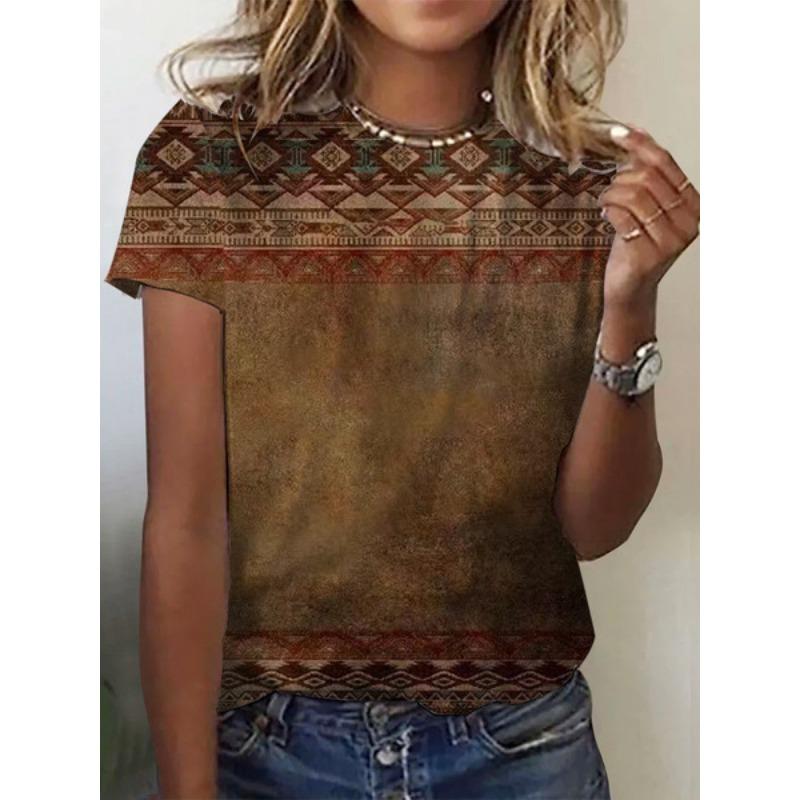 Summer Loose Round Neck T-shirts Ethnic Style Fashionable Straight Tube Short Sleeved Women's T-shirts