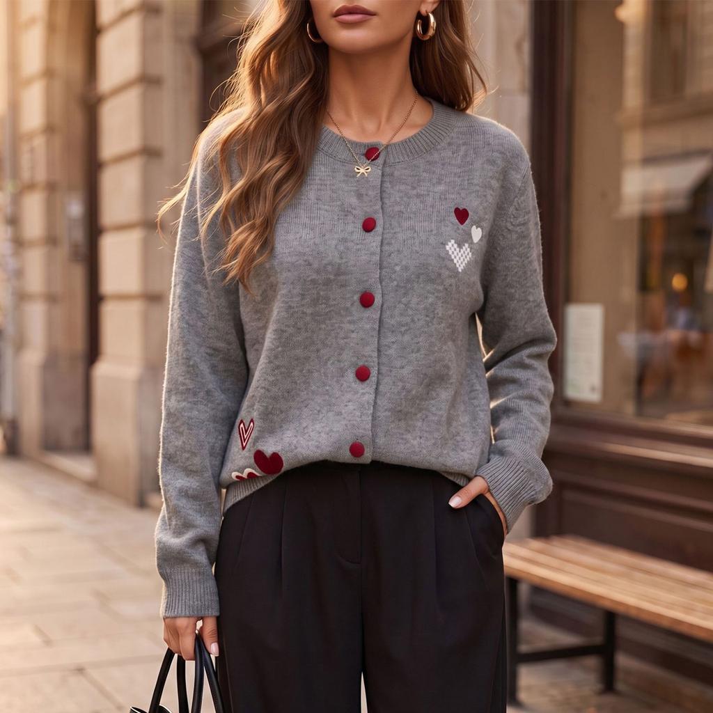 Women's Vintage Round Neck Long Sleeve Knit Cardigan with Heart Embroidery Sweater Jacket