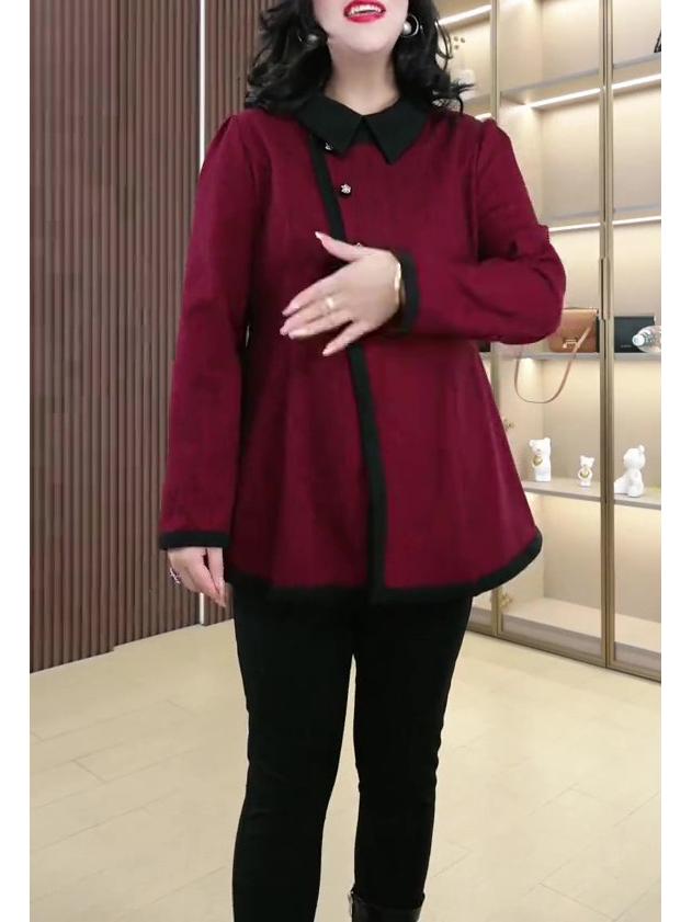 Autumn/Winter Woolen A-line Slimming Collared Shirt for Middle-Aged Women
