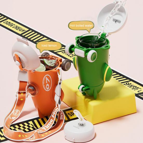 Airplane Shaped Water Bottle with Straw Strap 500ml Cartoon Kids Water Cup Leakproof Lid Silicone Nozzle Water Container for School Sports Travel