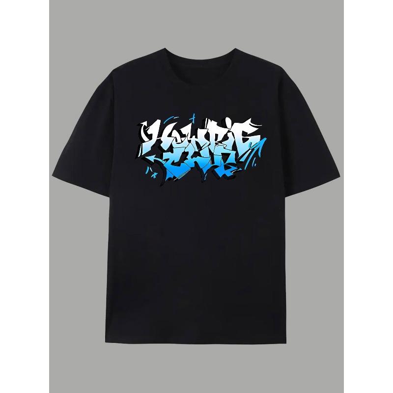 

European sizes Blue and White Graffiti Print American Streetwear Brand Designer Graffiti Letter Print Short-Sleeve T-Shirt 4XL чорний