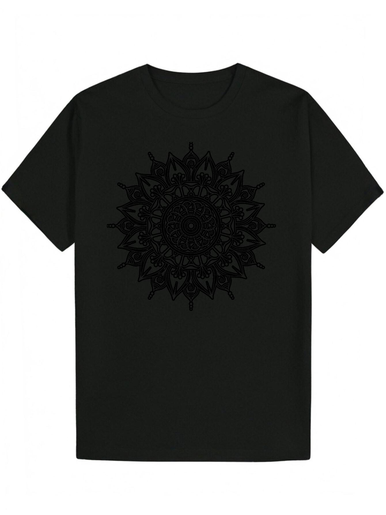 Black Polyester T-shirt with Intricate Floral Mandala Design - Casual Round Neck S