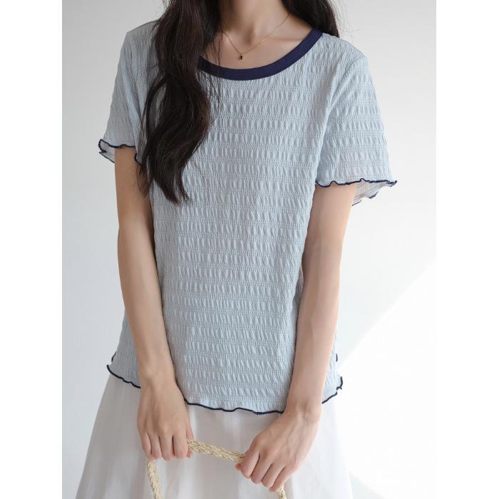 

No price reduction #fungus edge contrasting color short-sleeved T-shirt women s short summer clothes ins tide XL світло-синій колір