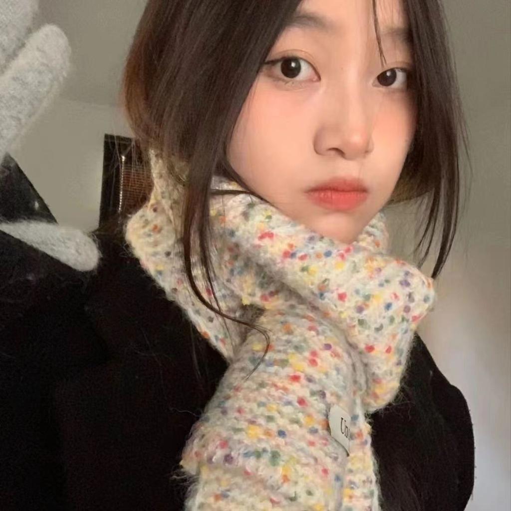 Korean Style Woolen Scarf for Women New Style Rainbow Jelly Beans Autumn and Winter Student Warm Rainbow Knitted Simple Women's Scarf