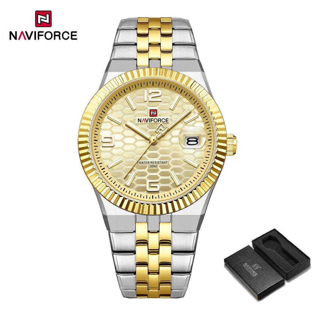 NAVIFORCE Original Men Quartz Watch Calendar Stainless Steel Strap Luminous Hands Honeycomb Dial Design Waterproof 3ATM Men Watch NF9277