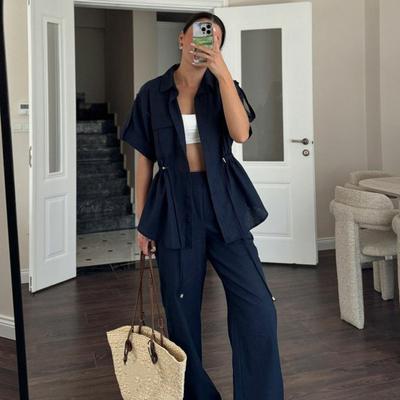 Conjunto de 2 piezas de camisa y pantalones de verano para mujer, estilo cargo, manga corta, solapa, botones, blusa con cordón, cintura elástica, pantalones con bolsillos laterales