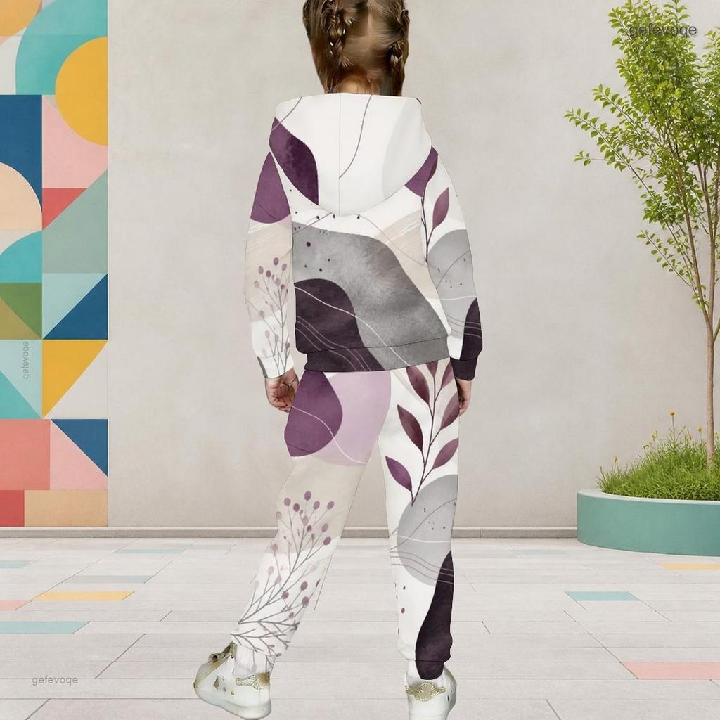 Girls Black White Printed Hooded Long Sleeve Top And Cuffed Pants Two Piece Set