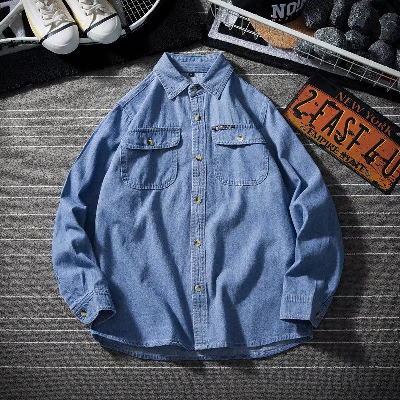 Japanese size retro shirt couple shirt versatile plus loose fat coat plus men's long-sleeved denim shirt