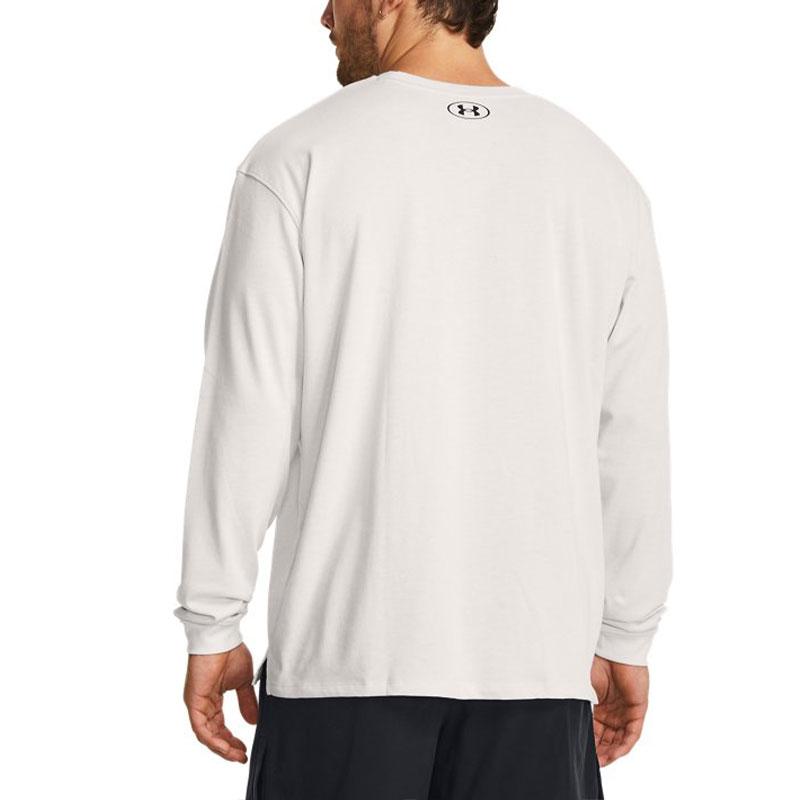 Under Armour Johnson Series Solid Cuffed Training Loose Fit Crew Neck Long Sleeve Drop Shoulder T-Shirt Men Tops White 1380125-114