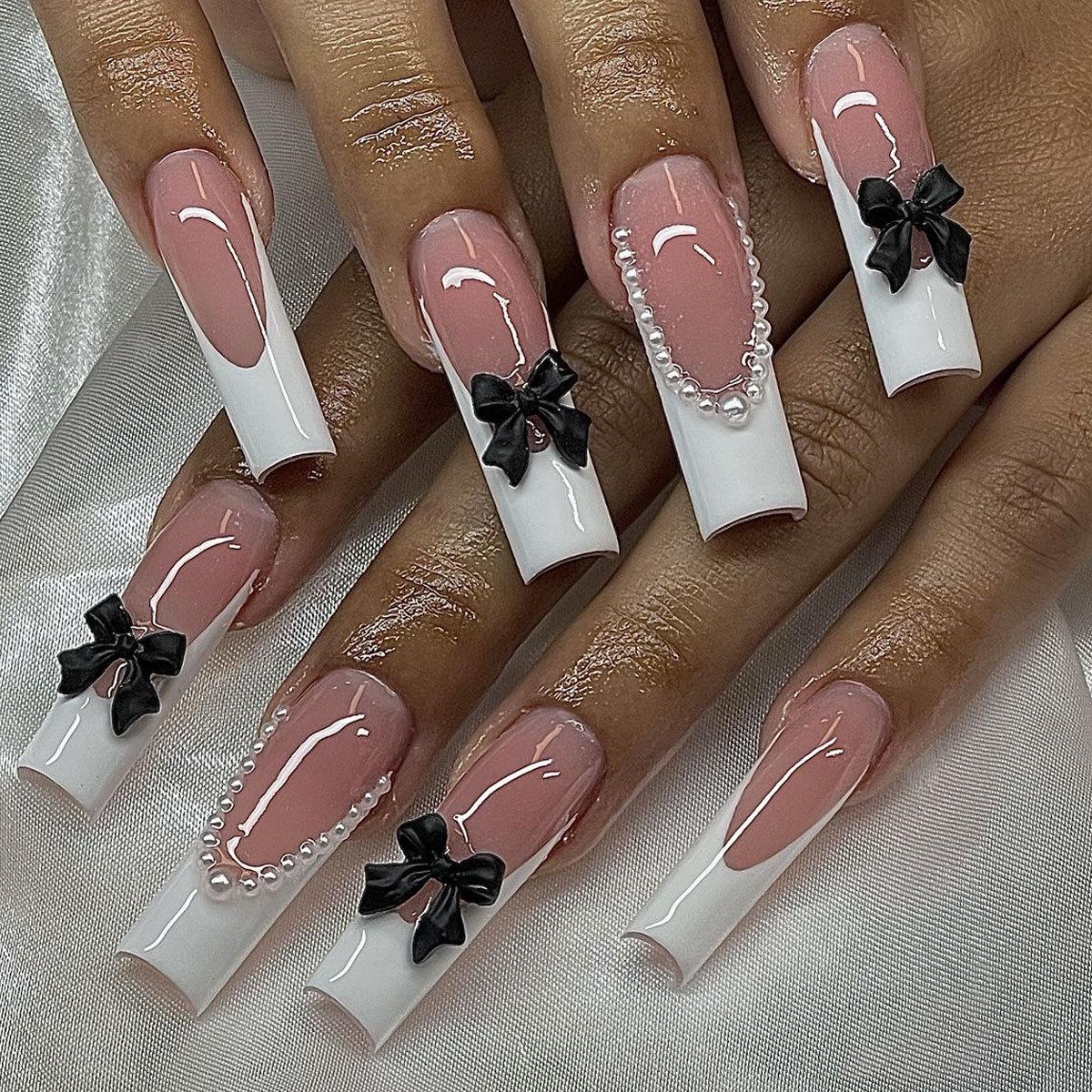 

3D Butterfly Pearl French Tip False Nails