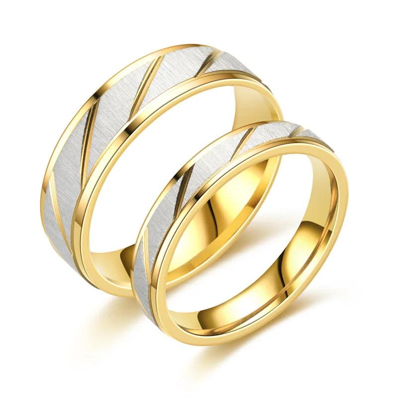 Stainless Steel Gold Color Wave Pattern Couple Ring Titanium Steel Wedding Engagement Ring Promise Ring Zircon Gift