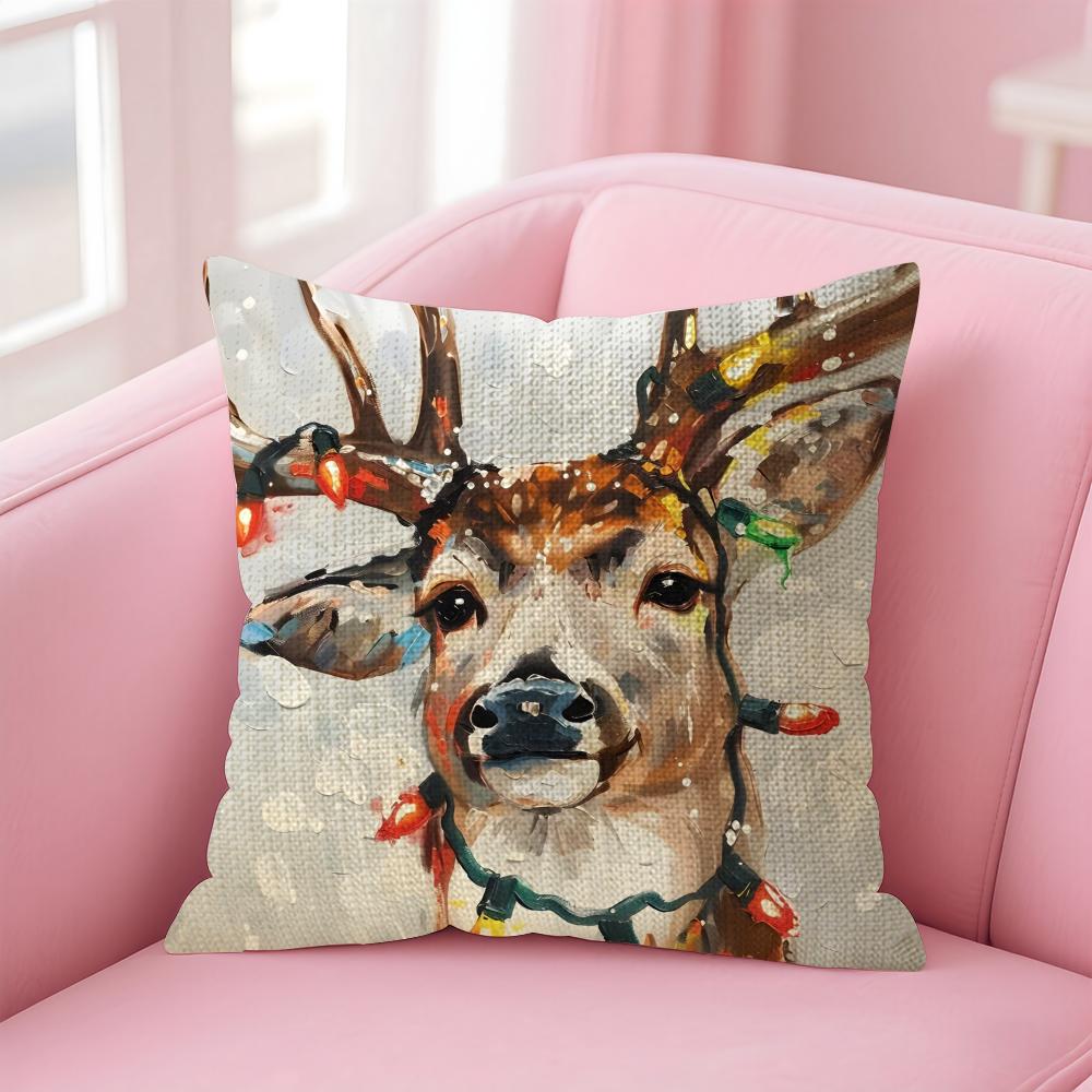 Reindeer Christmas Cute Cushion Cover Natural Linen Pillow Case DoubleSided Print Decorative Sofa Pillowcase Home Decor Gift