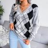 New Diamond Checkered Casual Versatile V-neck Sweater for Girls