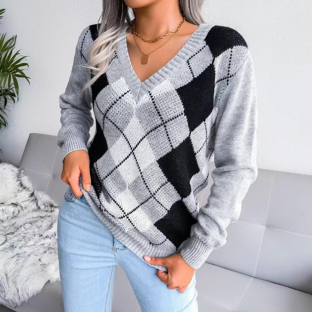 New Diamond Checkered Casual Versatile V-neck Sweater for Girls