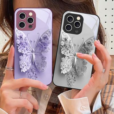 Green Flower Butterfly For iPhone 16 E 15 14 13 Plus 12 Mini 11 Pro Max XR Xs Max X 7 8 6 6S 2022 Tempered Glass Phone Case