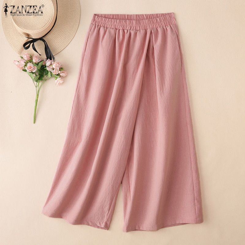ZANZEA Women Casual Elastic Waist Loose Wide Leg Capris Pants