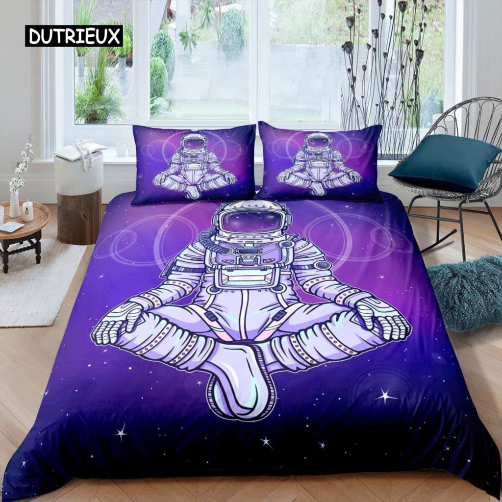 Set cuvertură de pilota astronaut Set de lenjerie de pat astronaut care cântă la chitară Adolescenți băieți Copii Galaxy Stars Spațiu cosmic Husă de poliester