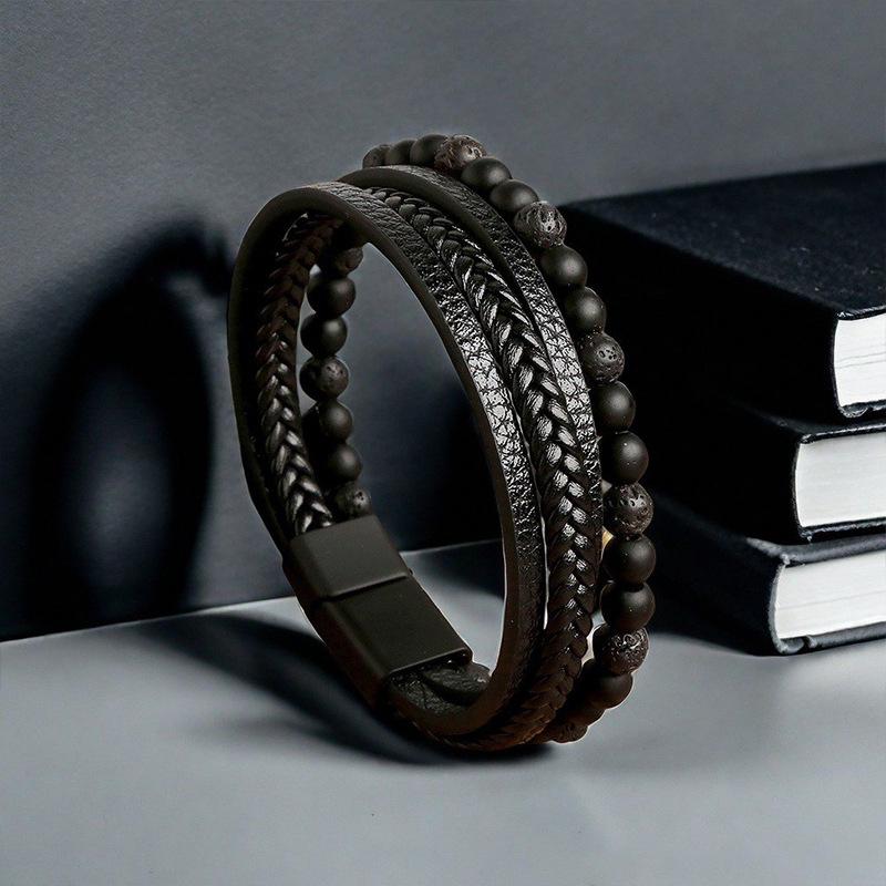 Men's Retro Leather Woven Bracelet with Magnetic Clasp - European & American Style