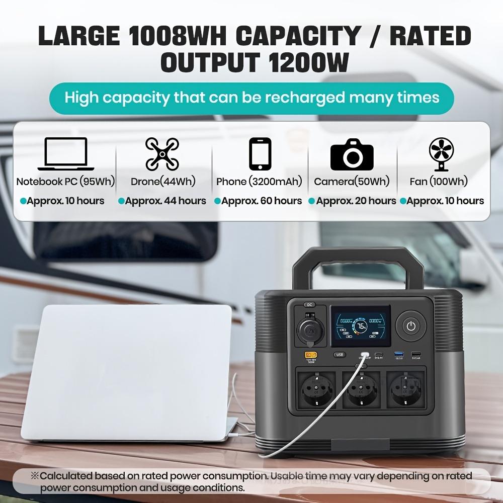 Portable Power Station 1200W 1008Wh LiFePO4 Battery Backup Power Supply with LCD Display for Camping, RV, Vehicle & Mobile Office