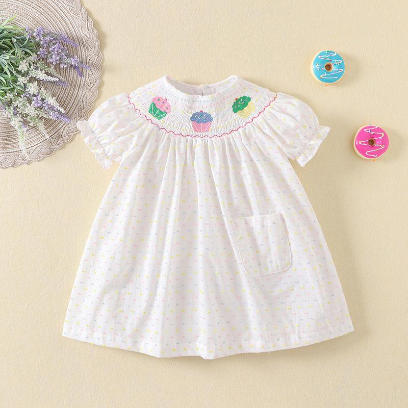 Summer Girls Cotton Polka Dot Tiered Dress Puff Sleeve Embroidered Princess Thin Dress 80cm