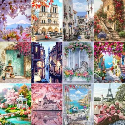 5D diamantová malba města, plné kulaté diamantové vyšívání, dům, krajina, diamantová mozaika, křížkové stehování, domácí dekorace