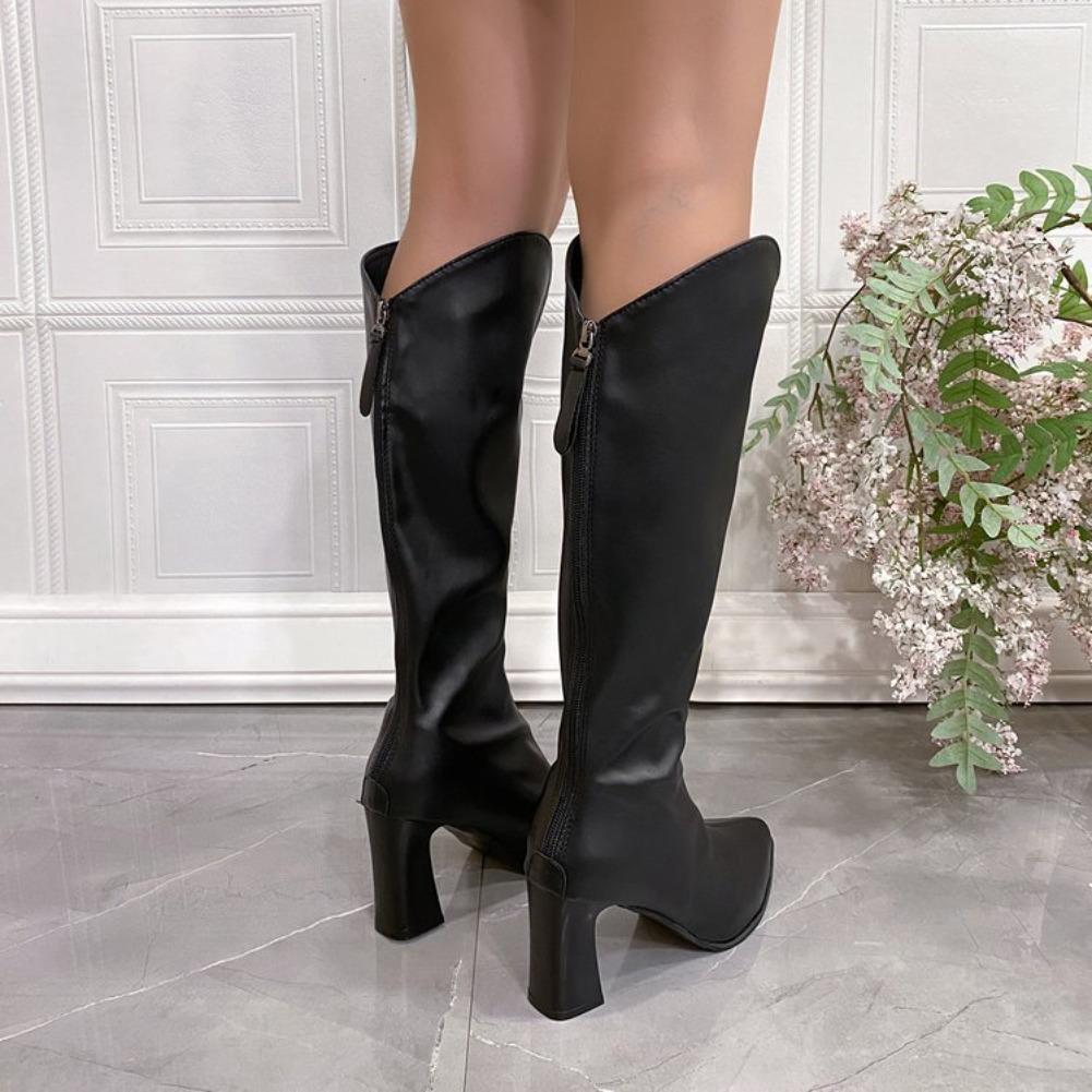 New Women Zipper Thick High Top Heels Simple Autumn Winter Sexy Elegant Knee for Adult Women Elegant Style
