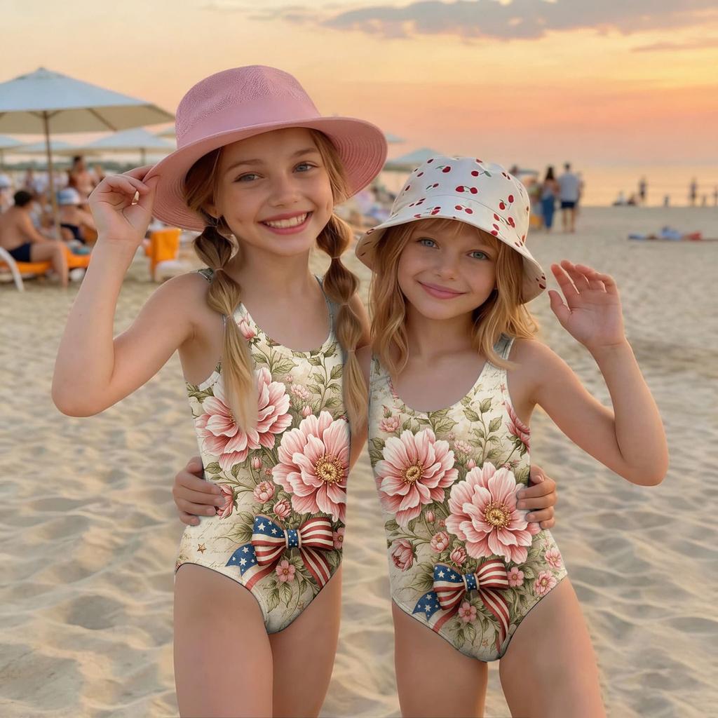 Mädchen Badeanzug Einteiler Unabhängigkeitstag Print Ärmellos Lässig Badebekleidung für Kinder Sommer Strand Pool Kleidung