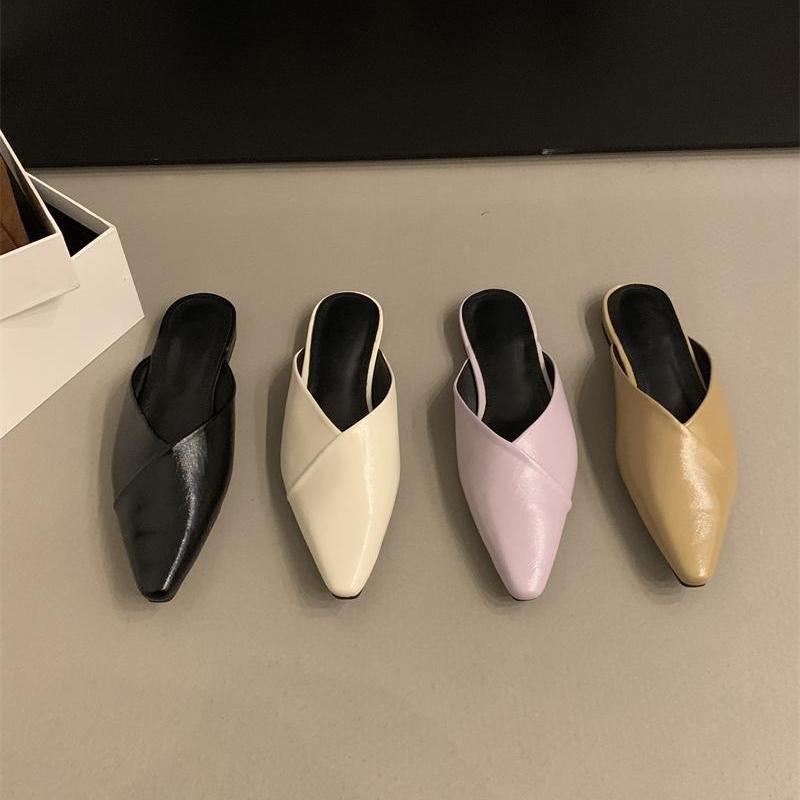 2025 Spring and Summer New Fashionable Pointed Toe Bag Head Slippers Single Shoes Retro Versatile Flat Half Slippers Sandals Women