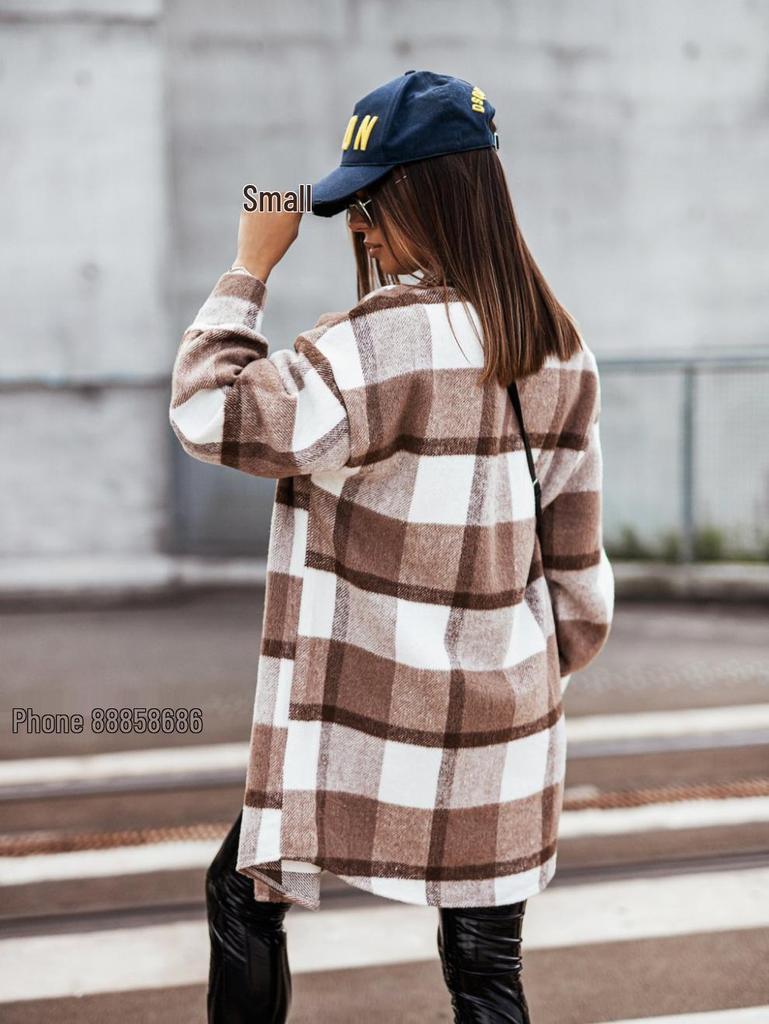 European and American Style Women's Mid-Length Plaid Woolen Coat