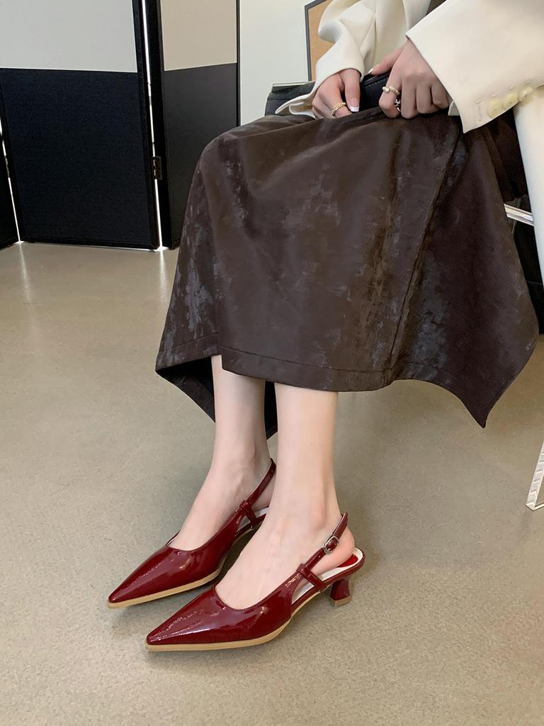 fashion Sexy Women Sandals Round Toe Summer Dress Shoes Thin Mid Heels Black Beige Red Back Strap New Arrivals 2024 Party Pumps Wedding