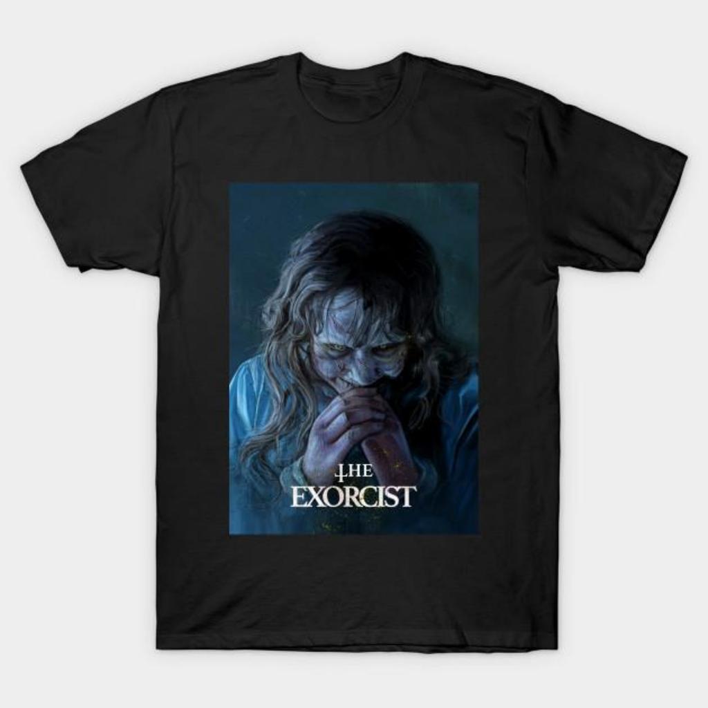 Camiseta Preta Estampada Masculina O Exorcista Estampa em Papel de Transferência Sem Corte Camiseta de Algodão