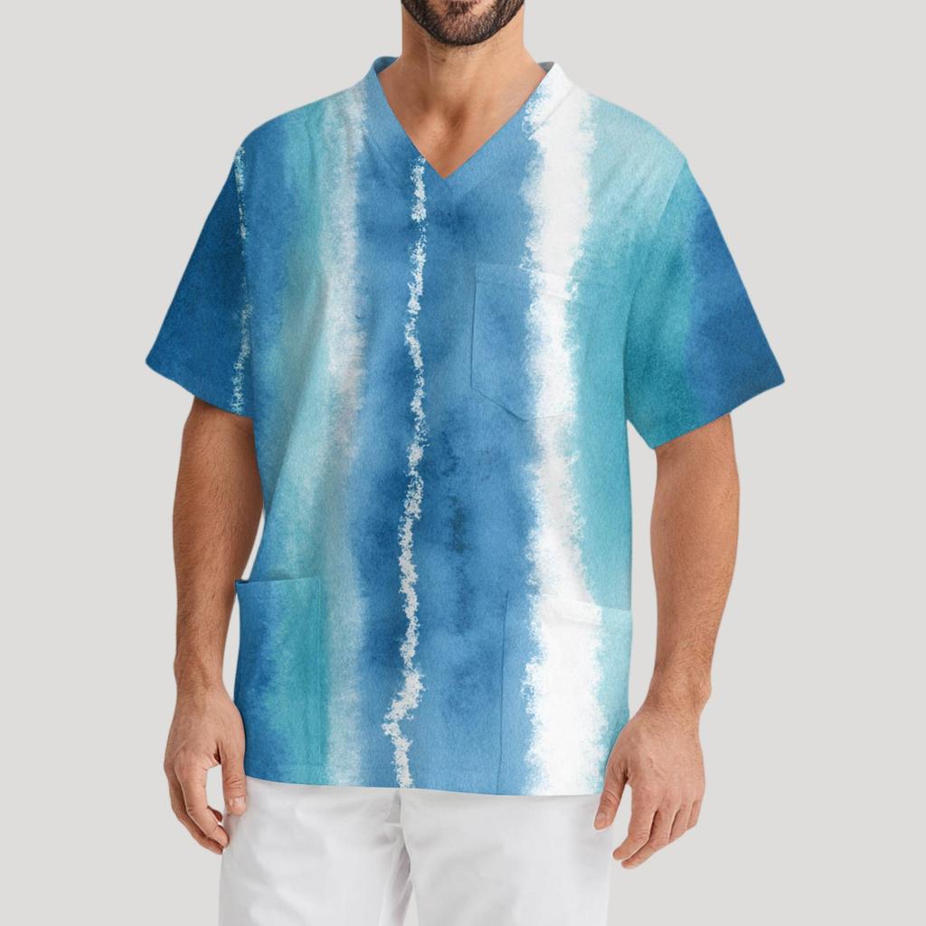 Men's Printing Short Sleeve V-neck Working Blouse Chest Pocket Carer Top