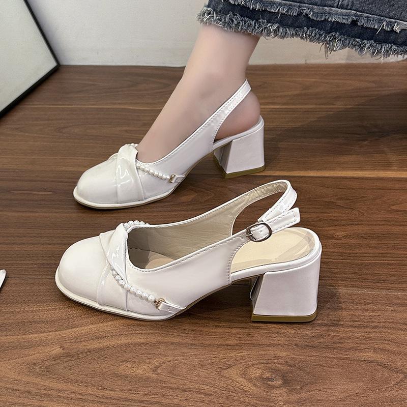 

Туфли Мэри Джейн лето 2025 новая мода сумка голова полушлепанцы женские французский жемчуг круглый носок сандалии на одной пуговице 34